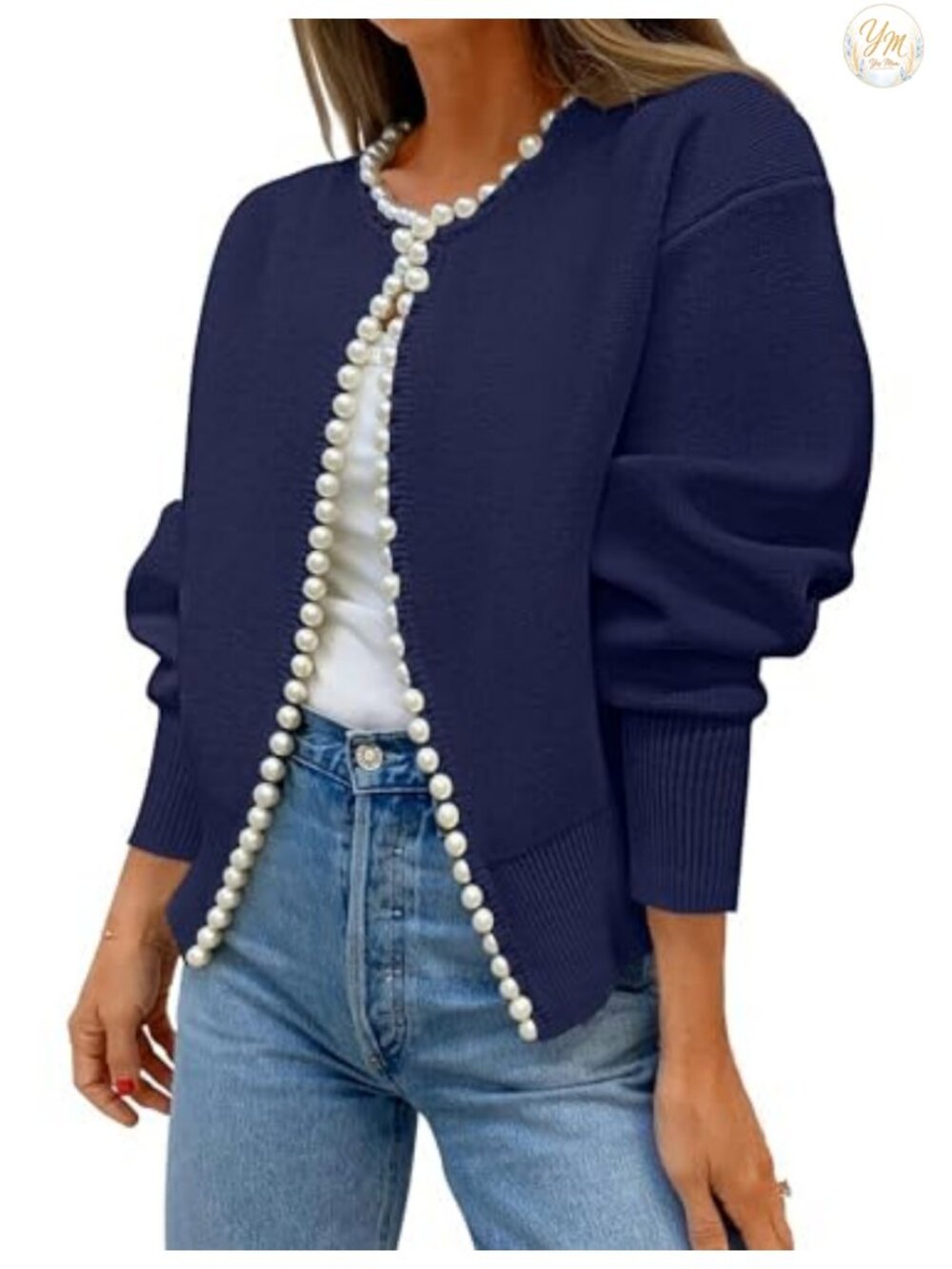 Pearl Trim Open Front Cardigan Sweater Long Sleeve Knit